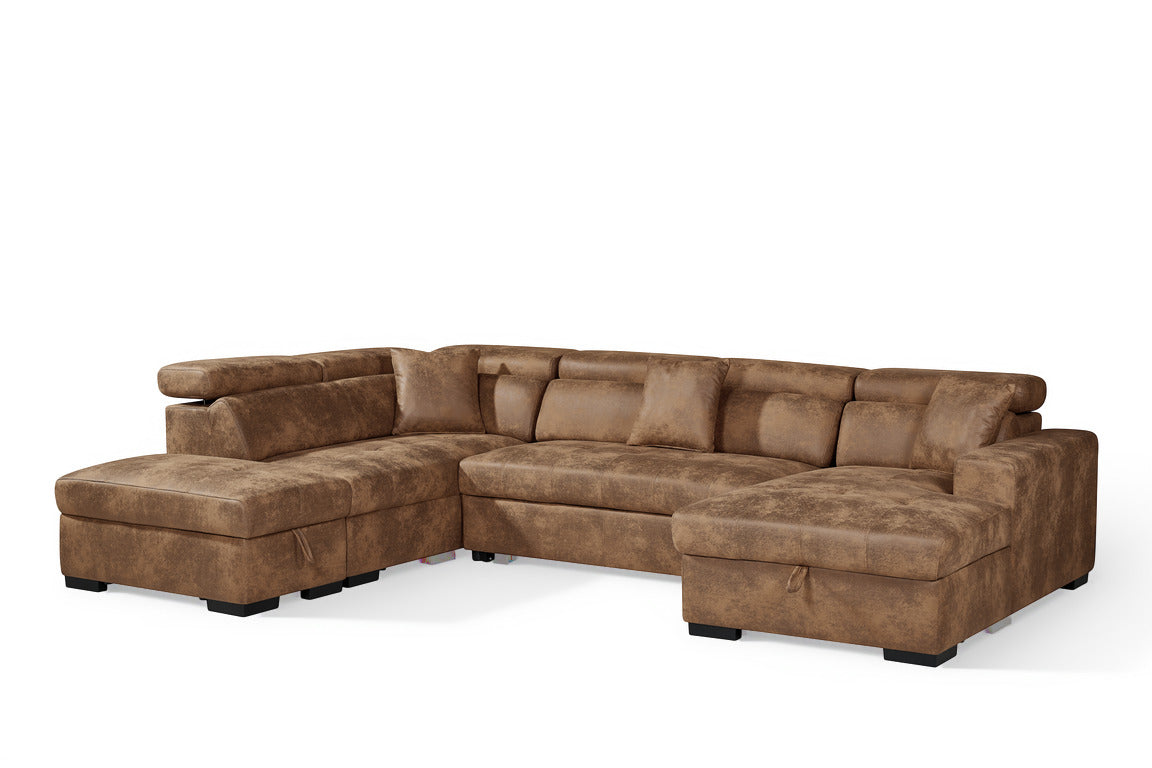 Faux Leather Suede Brown Left Hand Facing U-Shaped Sofa Bed with Storage AUGUSTA