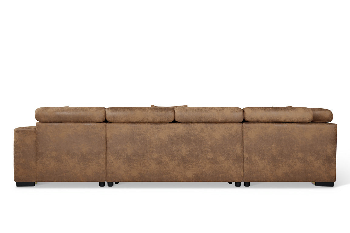 Faux Leather Suede Brown Left Hand Facing U-Shaped Sofa Bed with Storage AUGUSTA