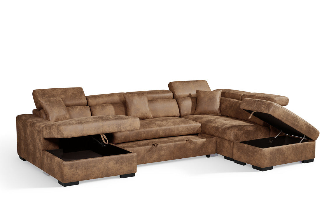 Faux Leather Suede Brown Right Hand Facing U-Shaped Sofa Bed with Storage AUGUSTA