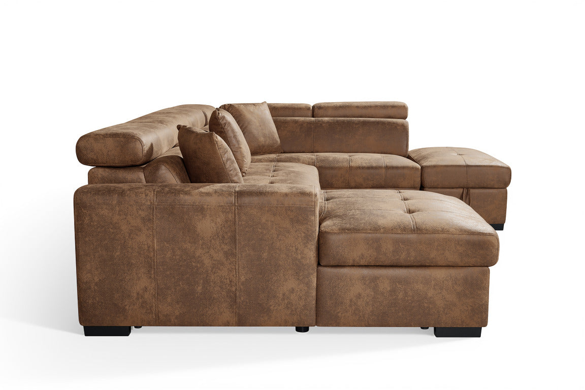 Faux Leather Suede Brown Right Hand Facing U-Shaped Sofa Bed with Storage AUGUSTA