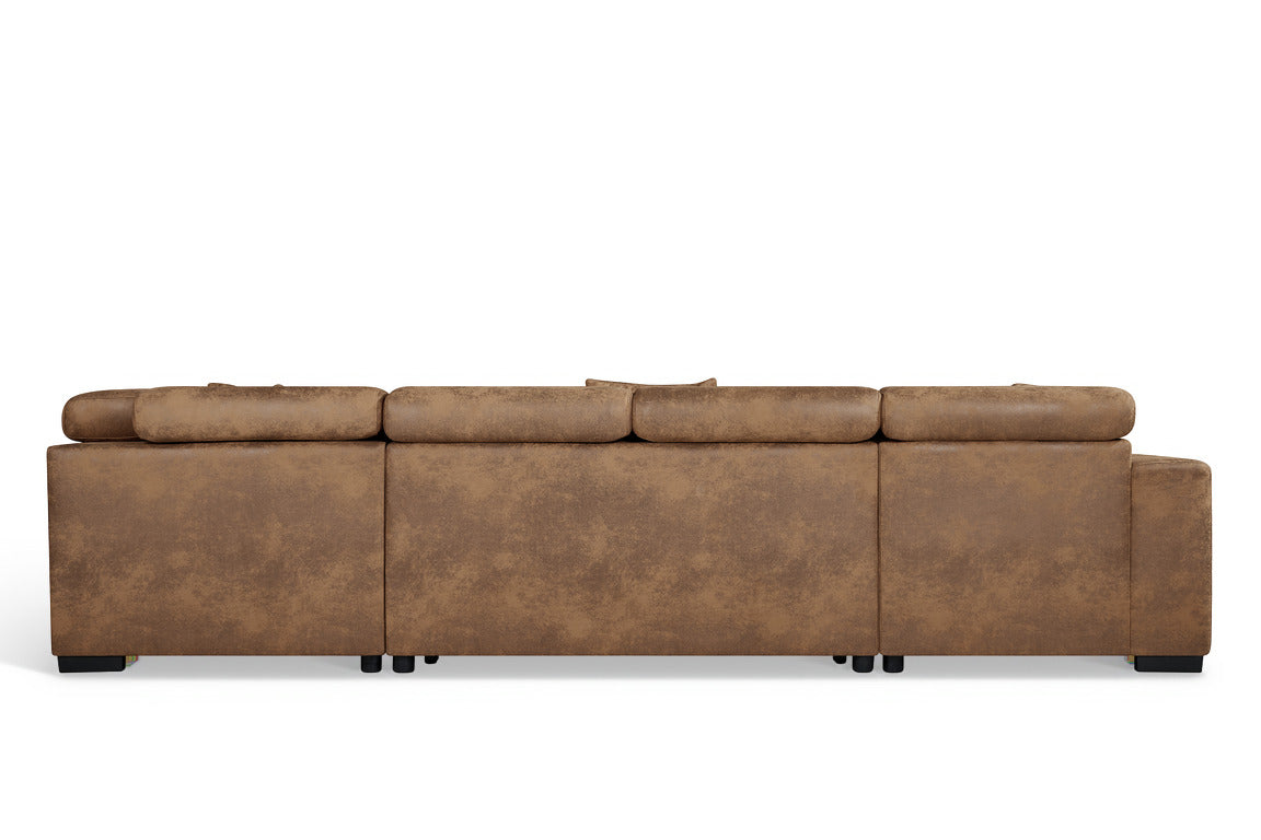 Faux Leather Suede Brown Right Hand Facing U-Shaped Sofa Bed with Storage AUGUSTA