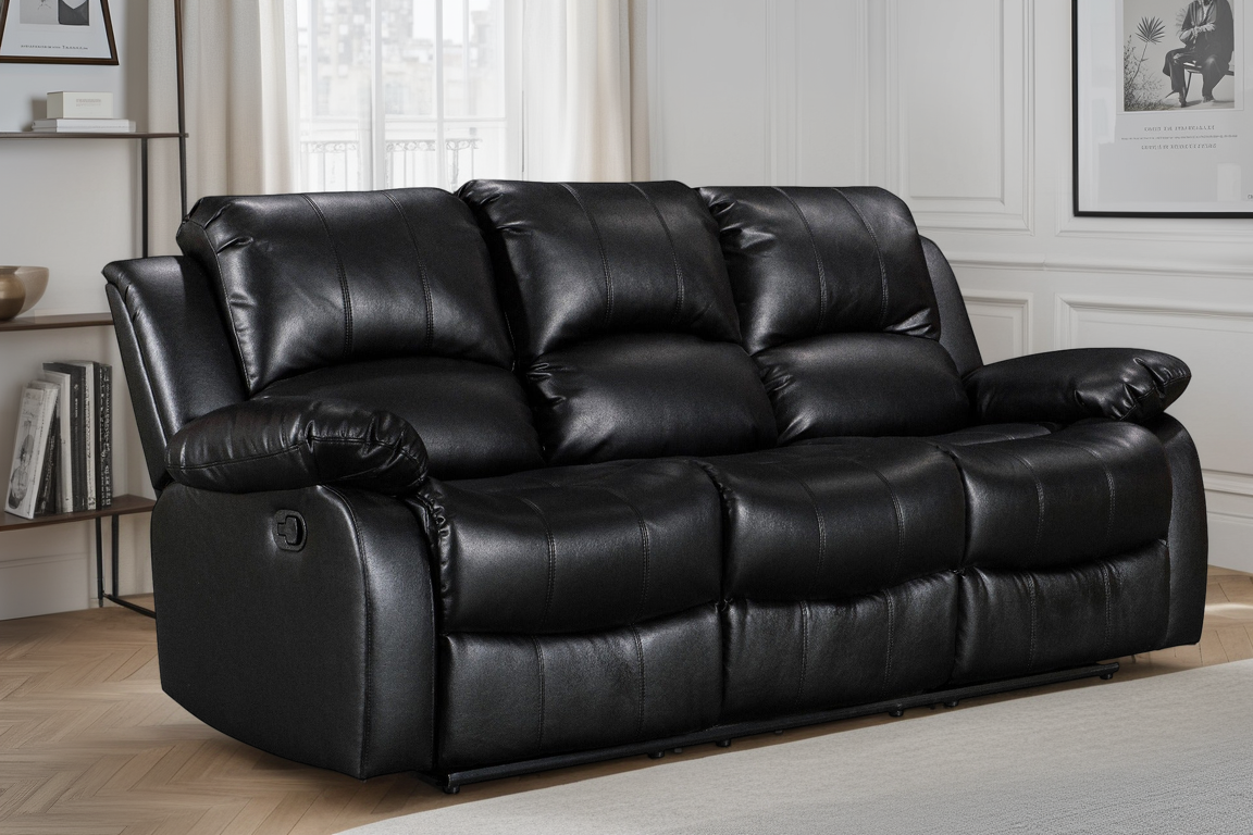 Faux Leather Black 3 Seater Manual Recliner Sofa VALENCIA