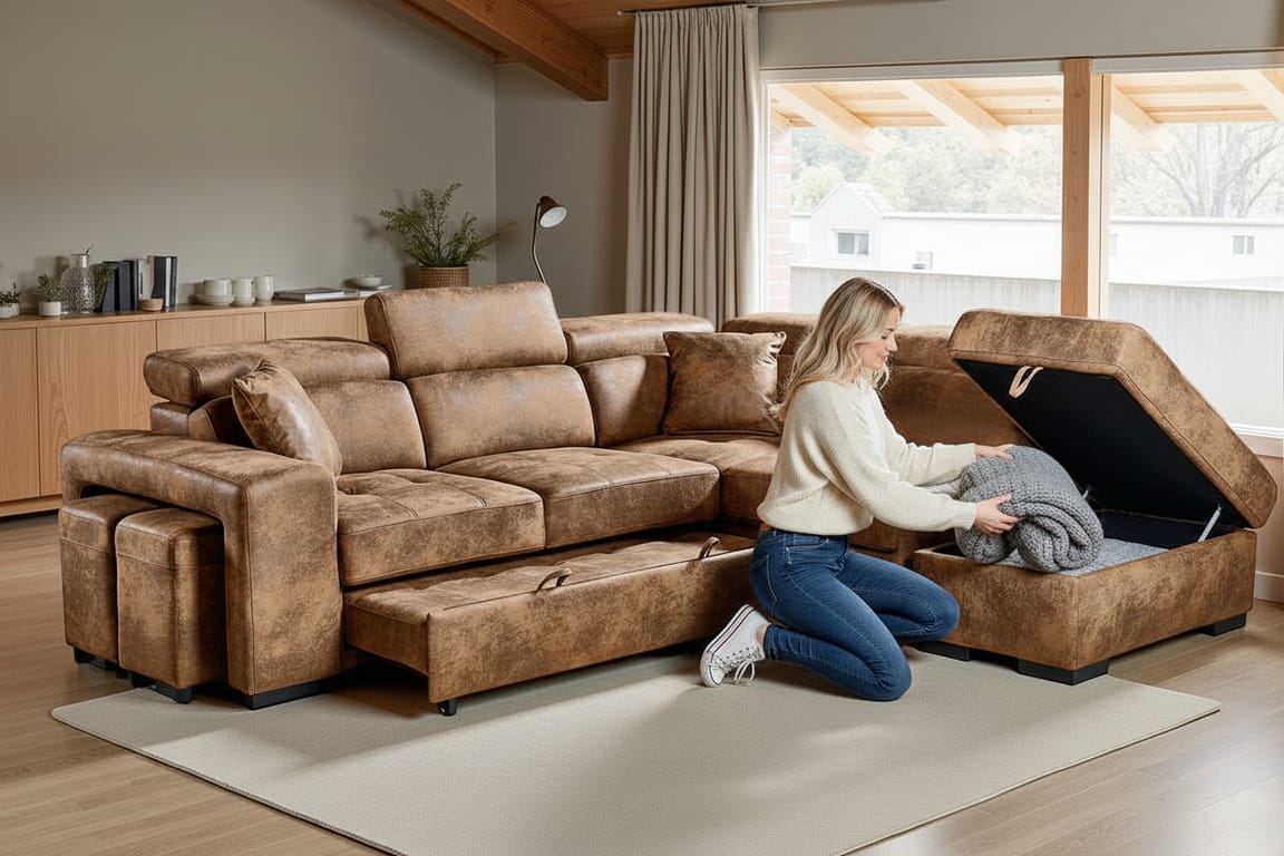 Faux Leather Suede Brown 1C2 Corner Sofabed with Storage and Ottomans AMELIA