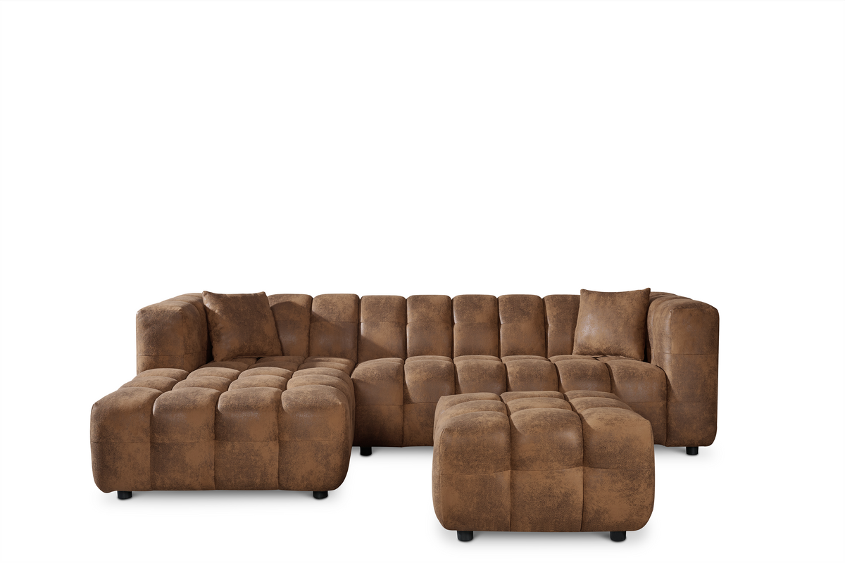 Faux Leather Brown Suede Left Hand Facing Lugano Corner Sofa with Ottoman