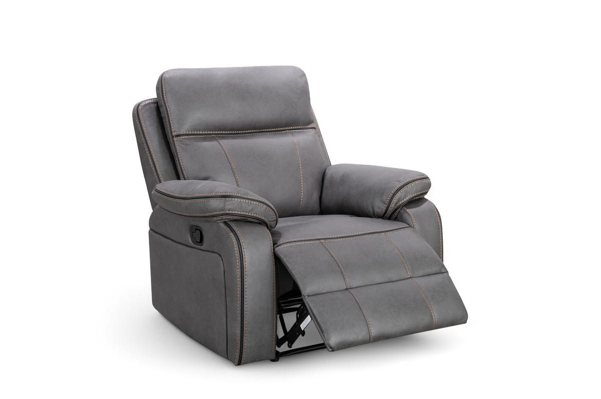 Faux Leather Grey Manual Recliner Chair with Contrast Stitching VEGAS Front Angle Footrest