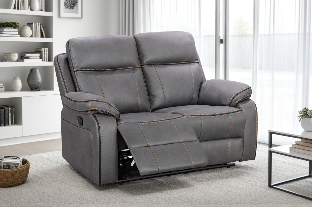 Faux Leather Grey 2 Seater Manual Recliner Sofa with Contrast Stitching VEGAS Background