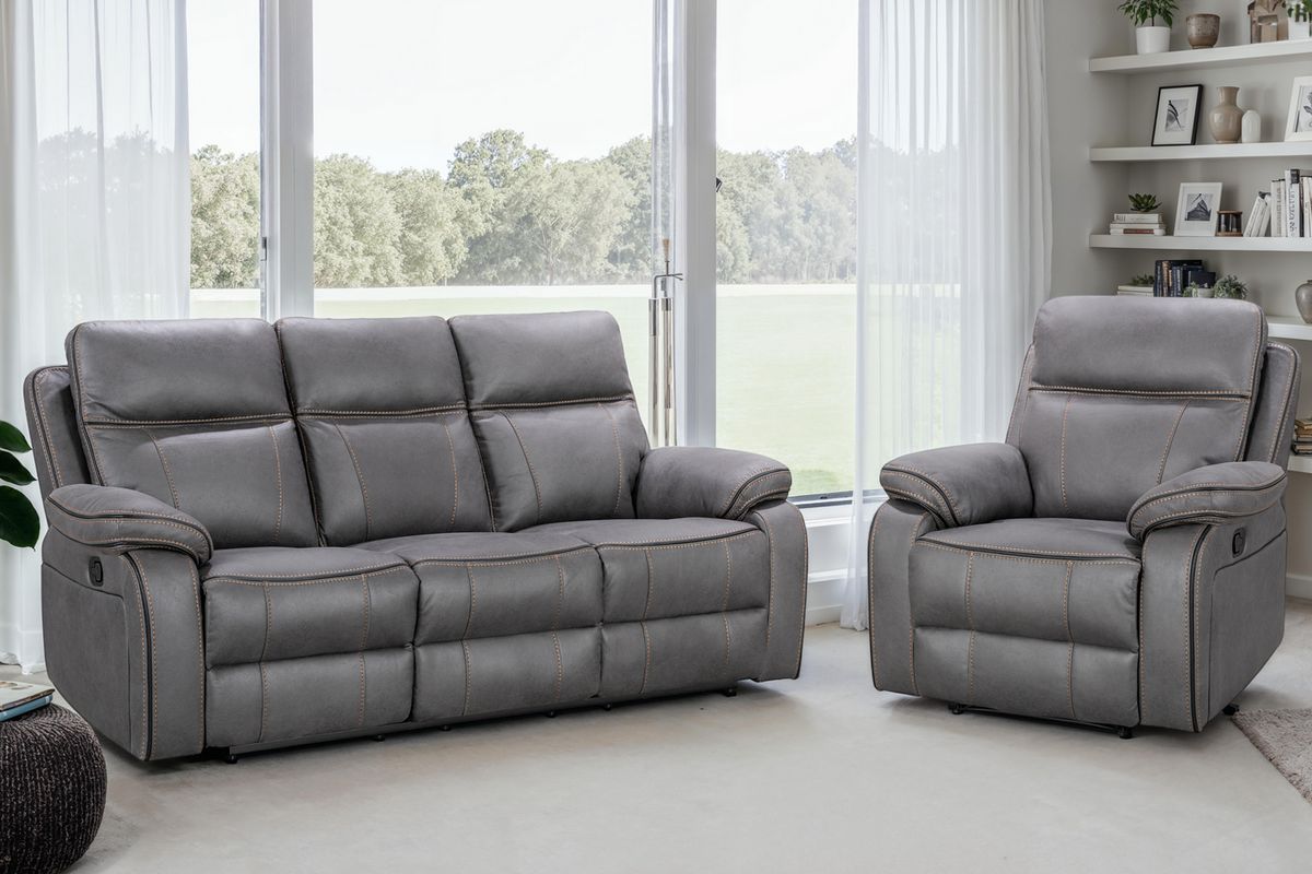 Faux Leather Grey 3 + 1 Seater Manual Recliner Sofa Set with Contrast Stitching VEGAS Background