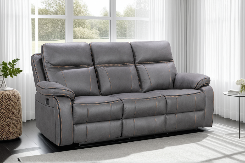Faux Leather Grey 3 Seater Manual Recliner Sofa with Contrast Stitching VEGAS Background