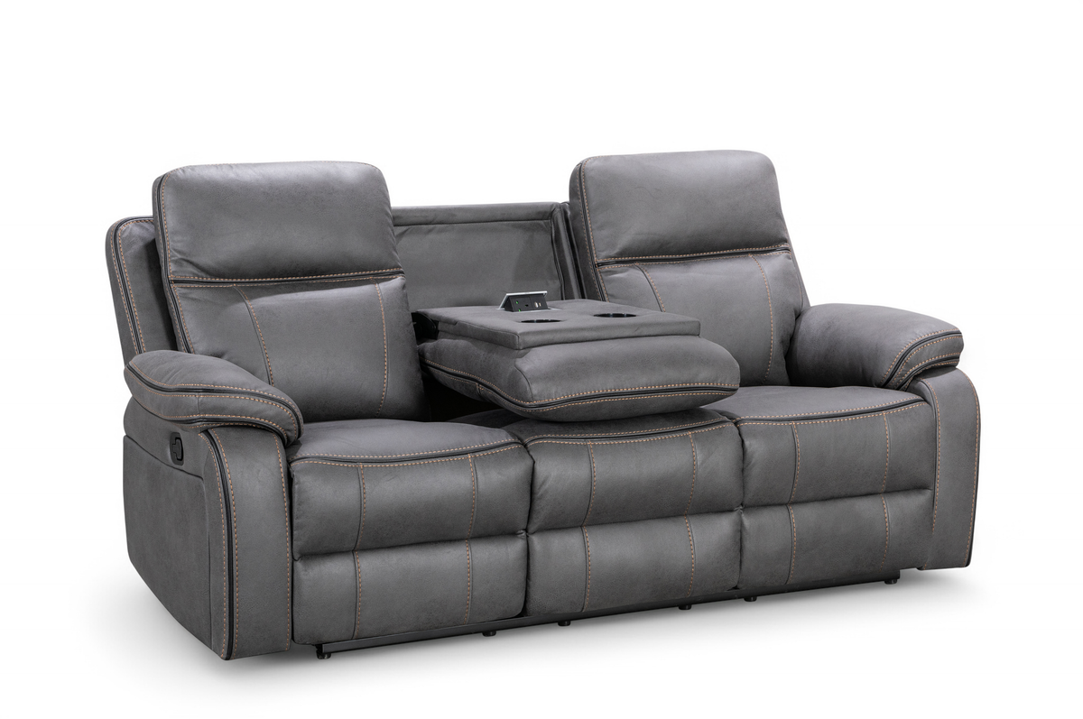 Faux Leather Grey 3 Seater Manual Recliner Sofa with Contrast Stitching VEGAS Console Charging Ports Cupholders