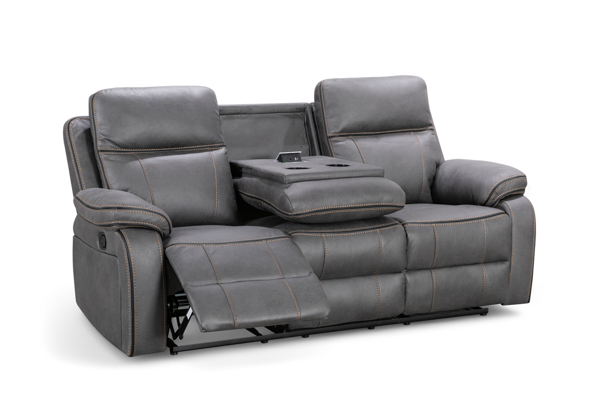 Faux Leather Grey 3 Seater Manual Recliner Sofa with Contrast Stitching VEGAS Console Charging Ports Cupholders Reclined Footrest