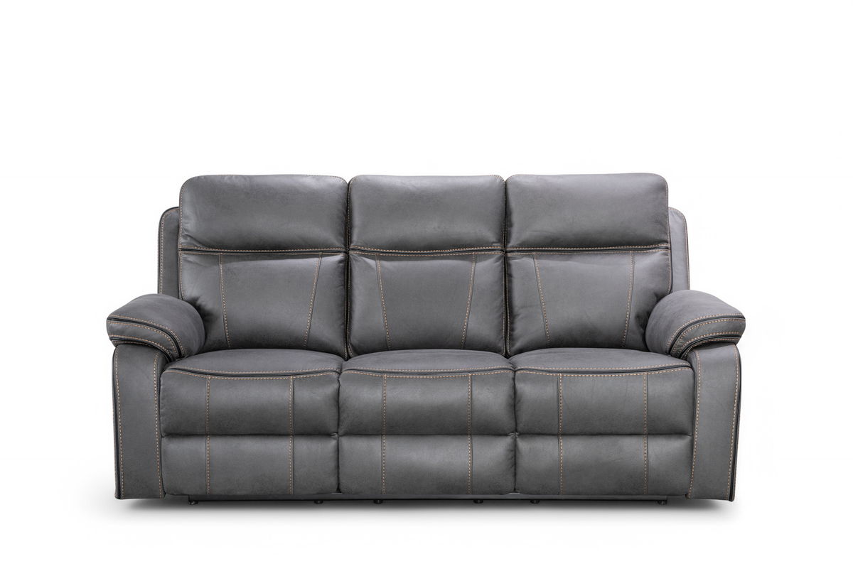 Faux Leather Grey 3 Seater Manual Recliner Sofa with Contrast Stitching VEGAS Front