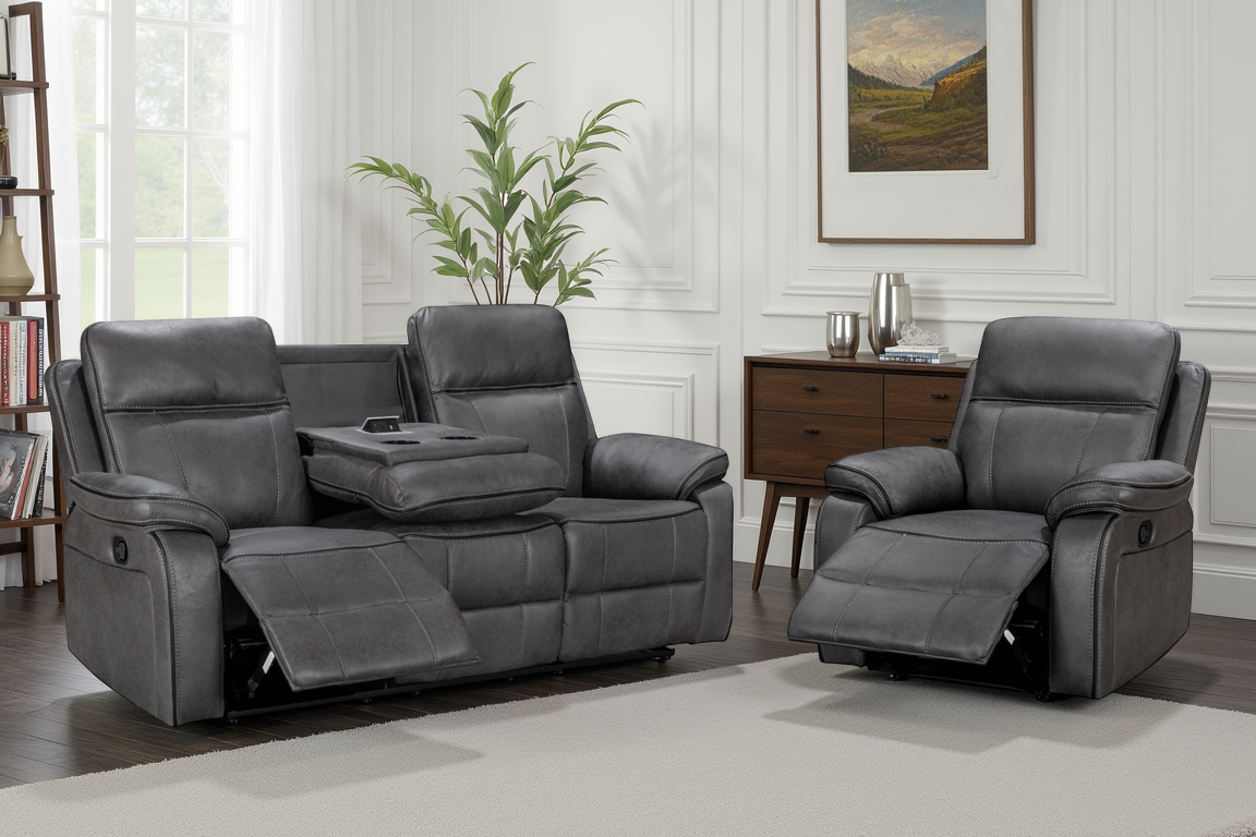 Faux Leather Grey 3 + 1 Seater Manual Recliner Sofa Set VEGAS