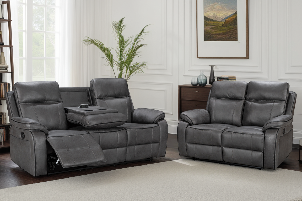 Faux Leather Grey 3 + 2 Seater Manual Recliner Sofa Set VEGAS