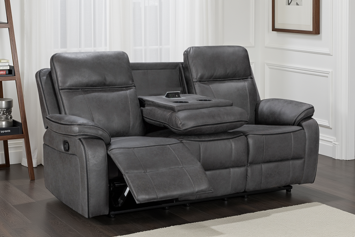 grey 3 seater recliner sofa in a living room reclined with console pulled down