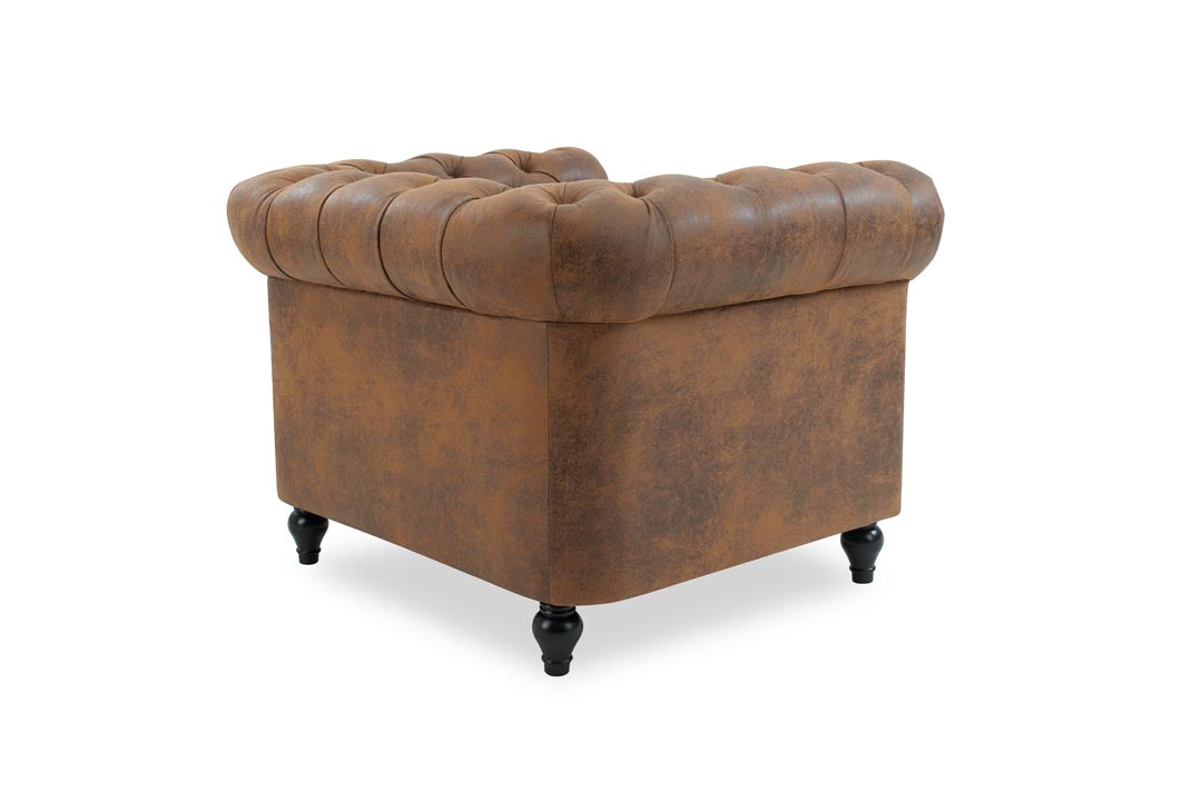 Faux Leather Suede Brown 1 Seater Chesterfield Sofa With Wooden Feet CAMDEN