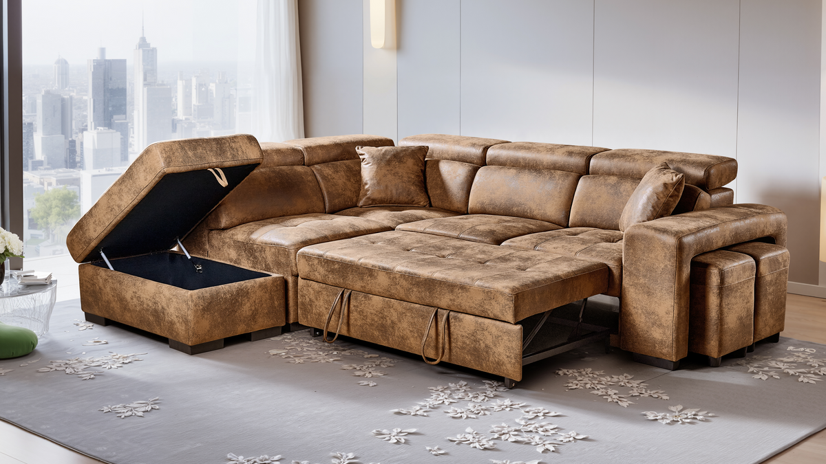 Faux Leather Suede Brown 1C2 Corner Sofabed with Storage and Ottomans AMELIA