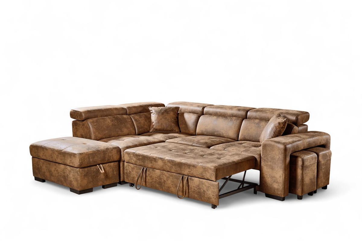 Faux Leather Suede Brown 1C2 Corner Sofabed with Storage and Ottomans AMELIA