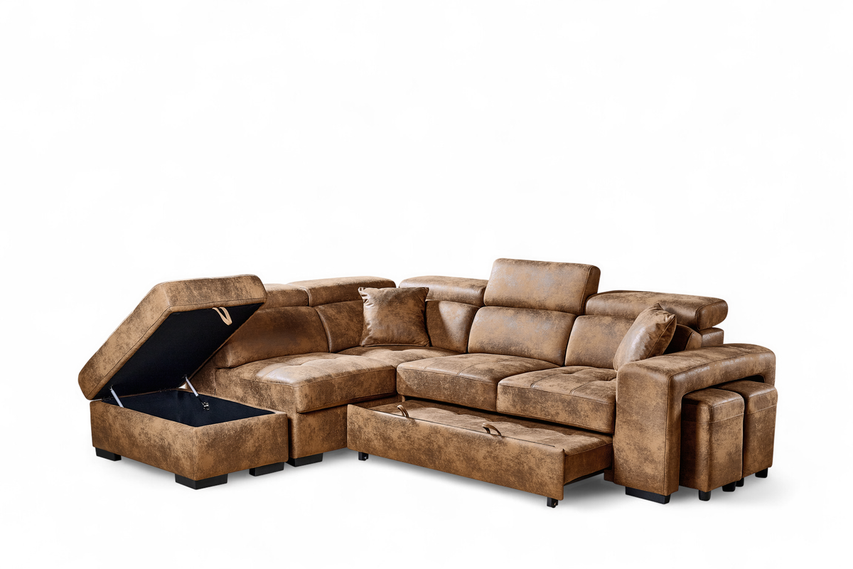 Faux Leather Suede Brown 1C2 Corner Sofabed with Storage and Ottomans AMELIA