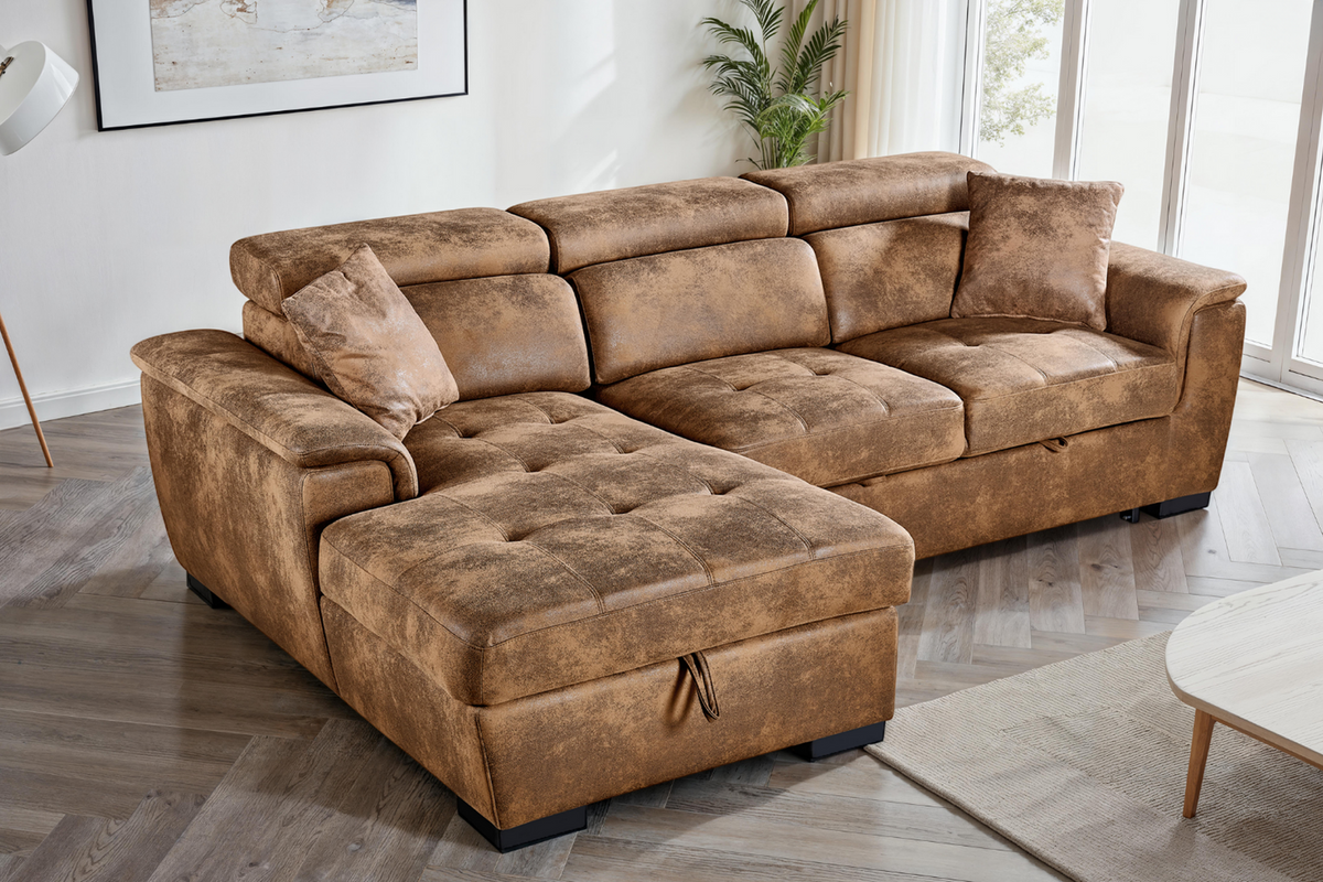 Faux Leather Suede Brown 1C2 Corner Sofabed with Storage WILSON