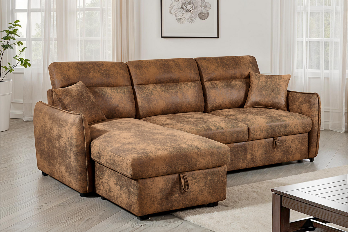 Faux Leather Suede Brown 1C2 Corner Sofabed with Storage ARCHIE