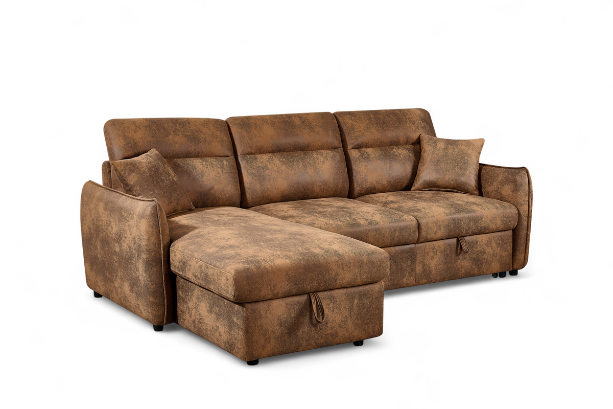 Faux Leather Suede Brown 1C2 Corner Sofabed with Storage ARCHIE