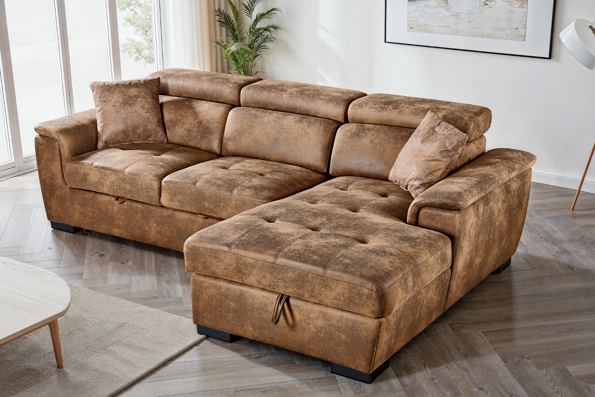 Faux Leather Suede Brown 2C1 Corner Sofabed with Storage WILSON