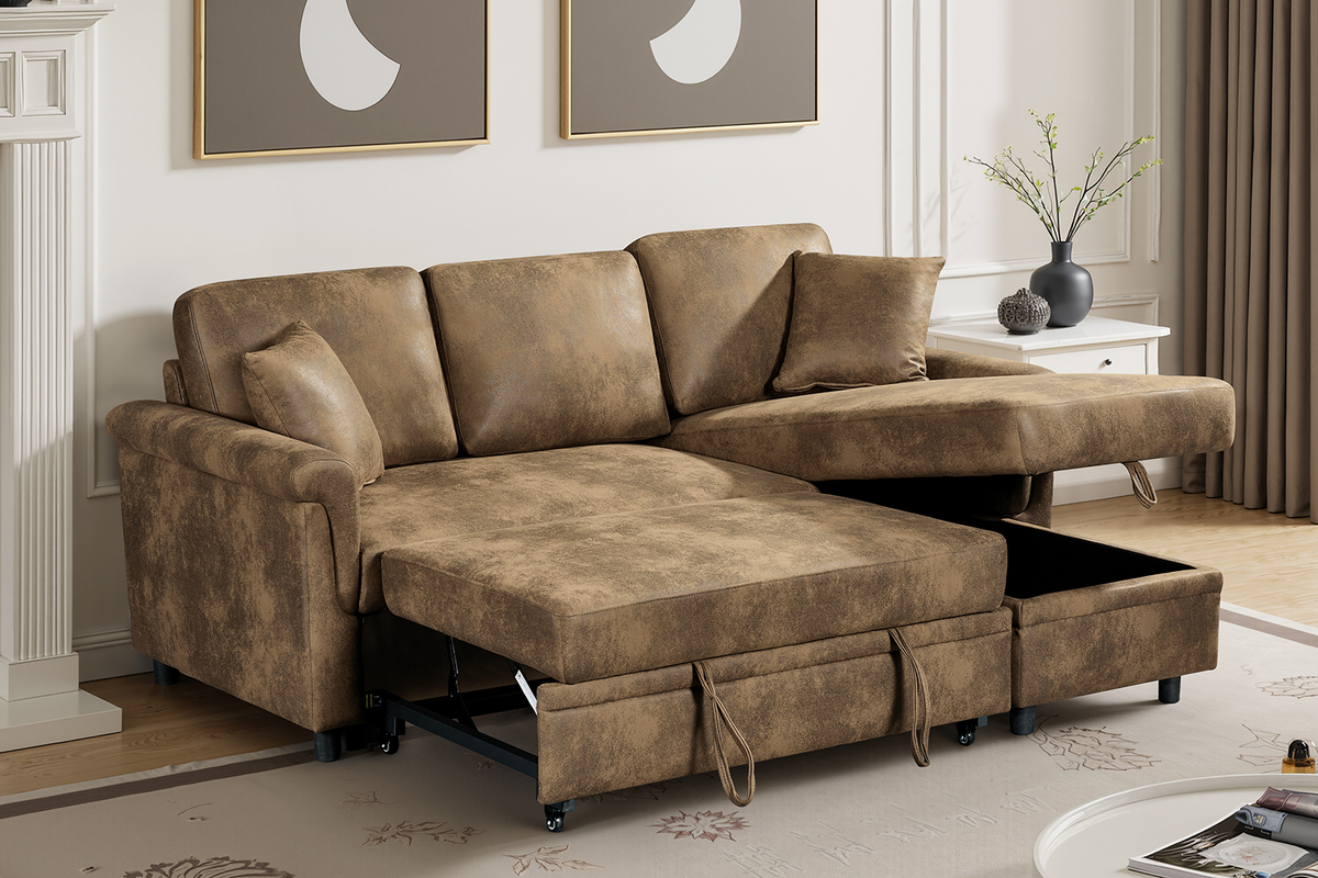Faux Leather Suede Brown 2C1 Corner Sofabed with Chaise OSCAR