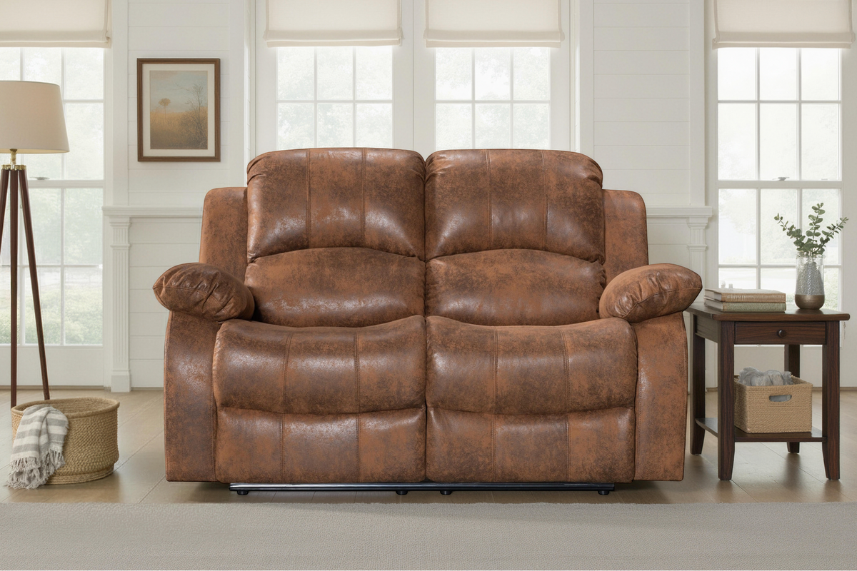 Faux Leather Suede Brown 2 Seater Manual Recliner Sofa VALENCIA