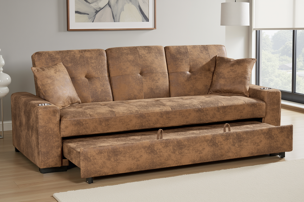 Faux Leather Suede Brown 3 Seater Sofabed CHARLES