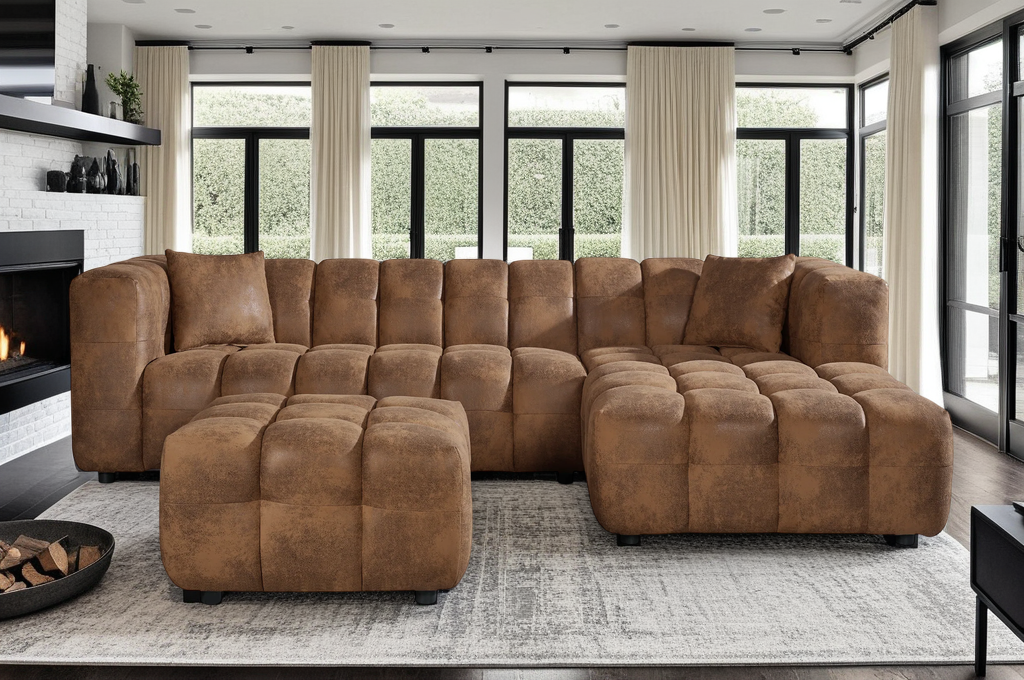 Faux Leather Suede Brown Right Hand Facing Lugano Corner Sofa with Ottoman