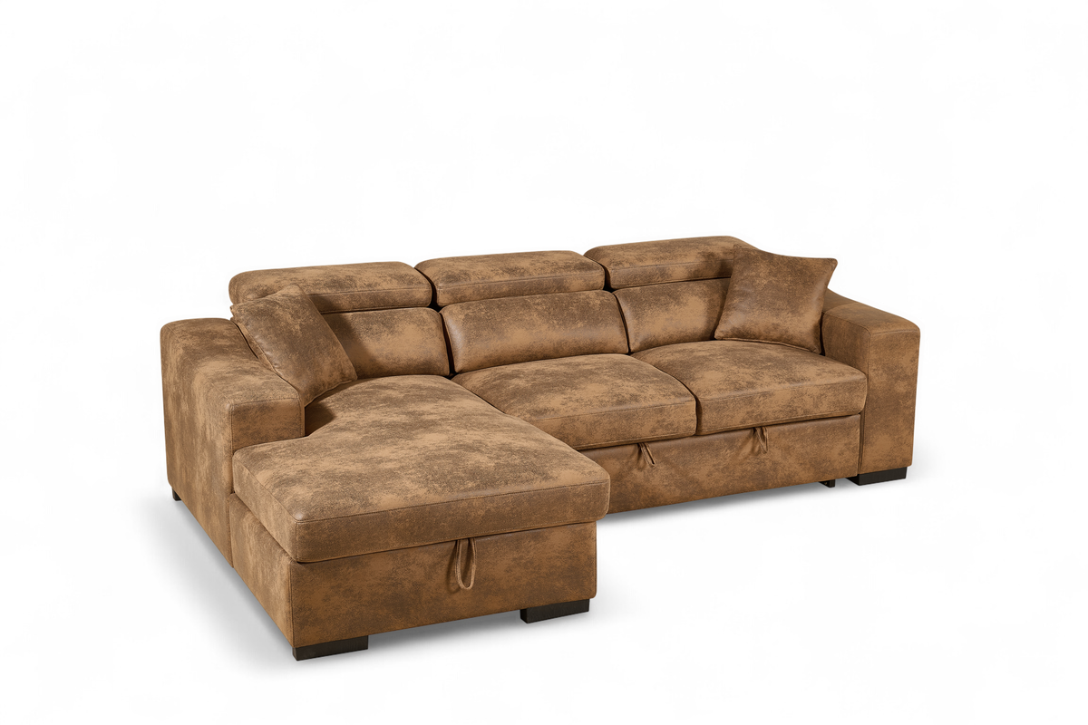 Faux Leather Suede Brown 1C2 Corner Sofabed with Storage ARTHUR