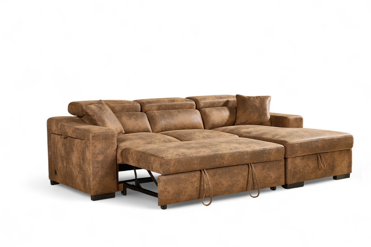 Faux Leather Suede Brown 2C1 Corner Sofabed with Storage ARTHUR