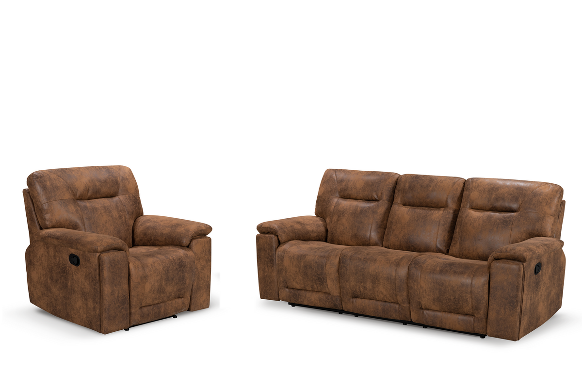 Faux Leather Suede Brown 3 + 1 Seater Manual Recliner Sofa Set MURCIA