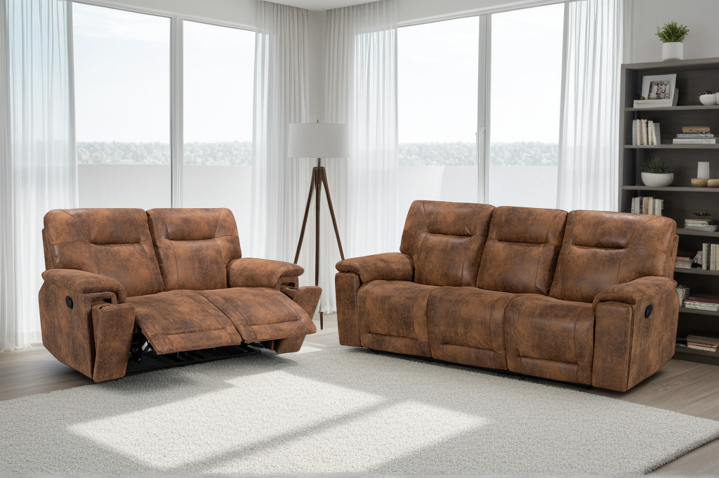 Faux Leather Suede Brown Murcia 3 + 2 Seater Manual Recliner Sofa Set