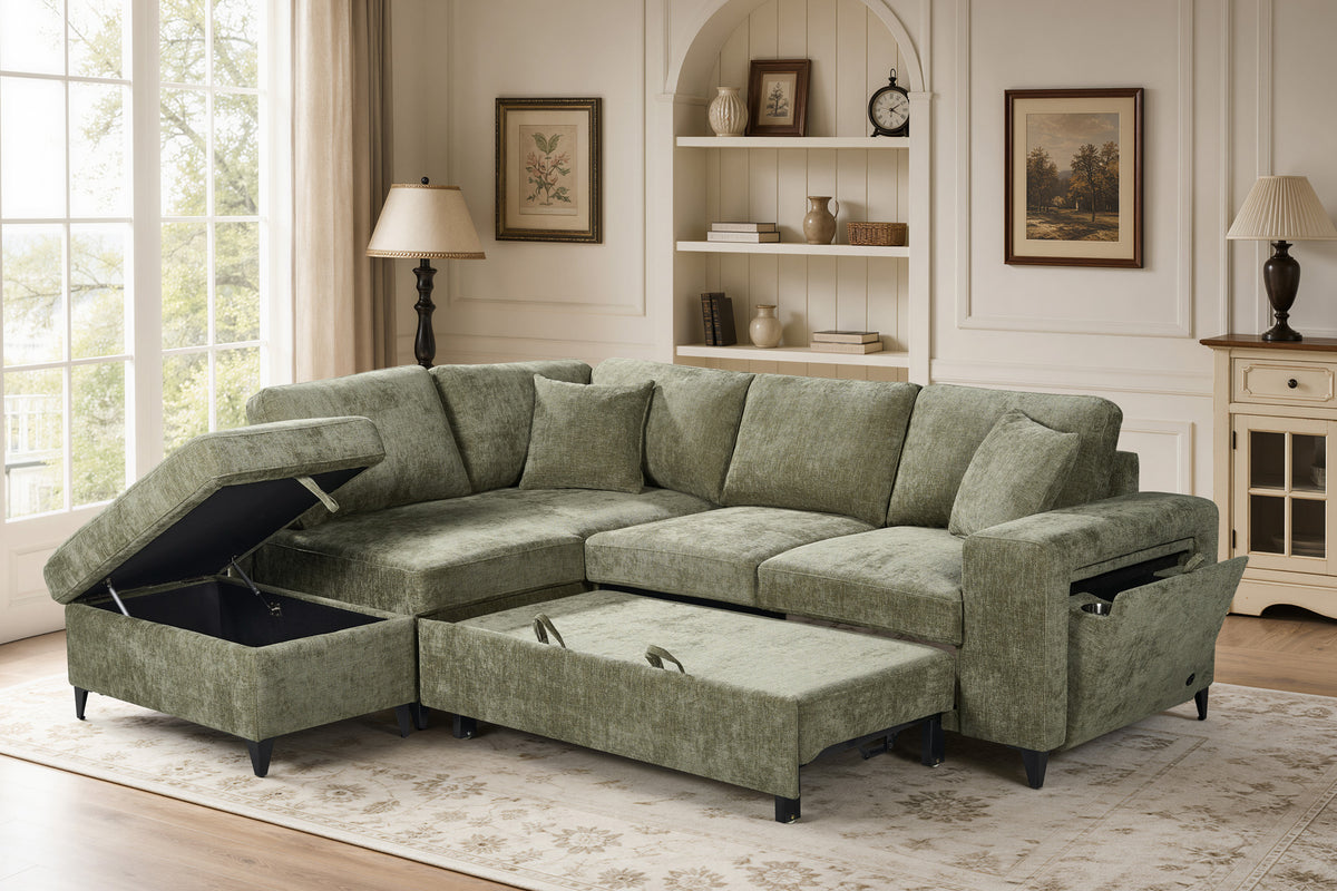 Green Chenille Fabric 1C2 Corner Sofabed with Storage JAMIE