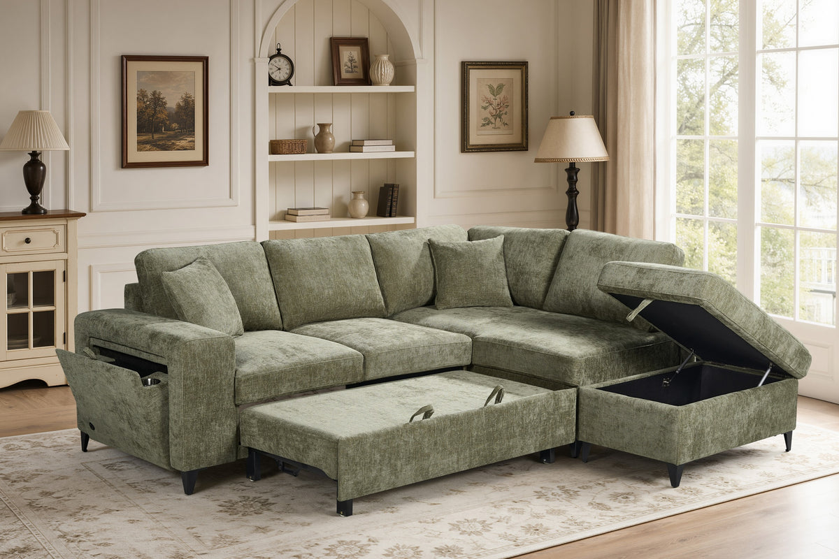 Green Chenille Fabric 2C1 Corner Sofabed with Storage JAMIE