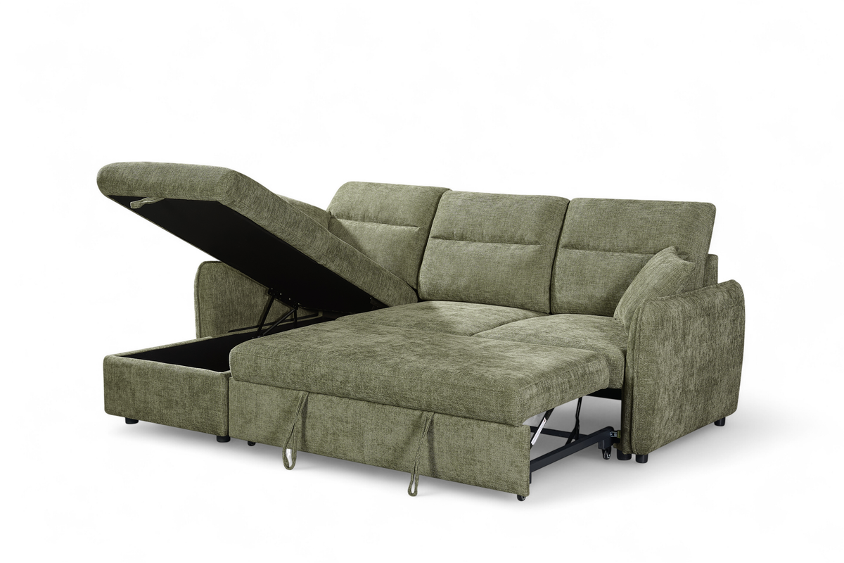 Green Chenille Fabric 1C2 Corner Sofabed with Storage ARCHIE