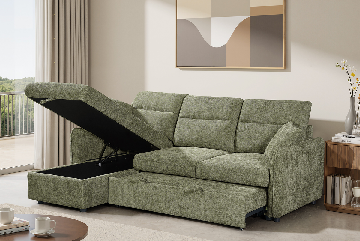 Green Chenille Fabric 1C2 Corner Sofabed with Storage ARCHIE