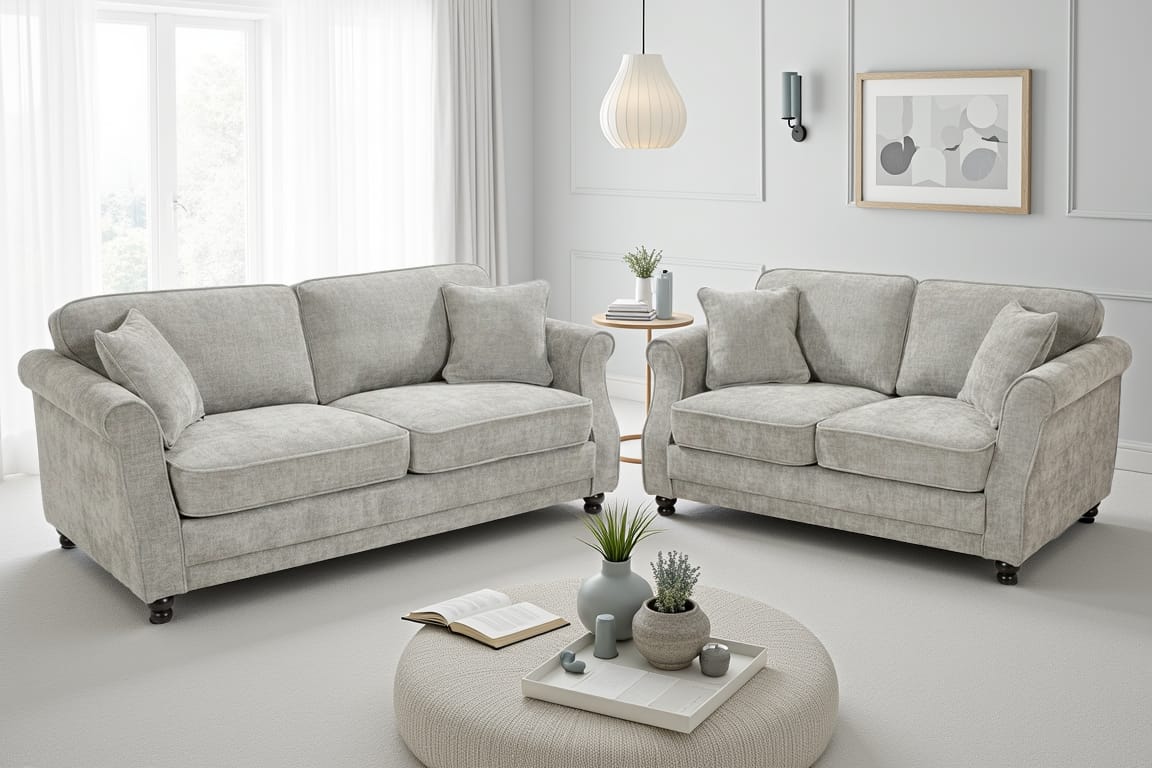 Grey Chenille 3 + 2 Seater Sofa Set HUGO