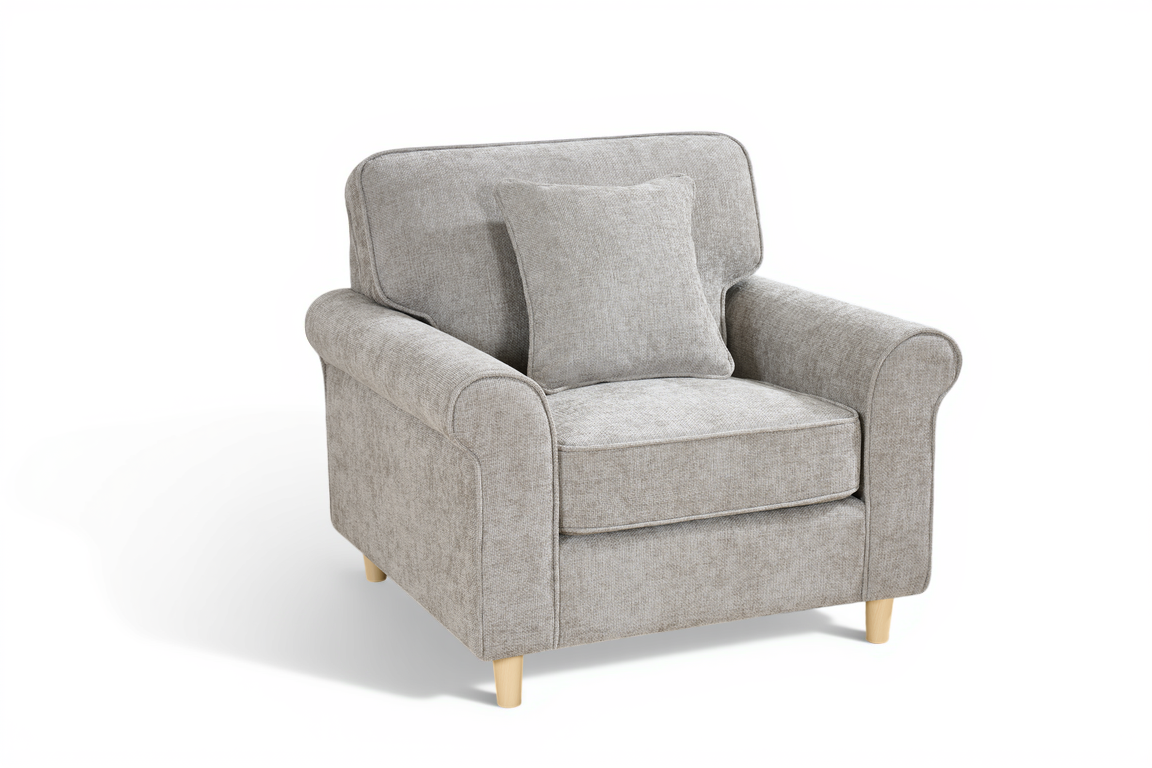 grey chenille fabric 1 seater sofa with a matching accent cushion on a white background