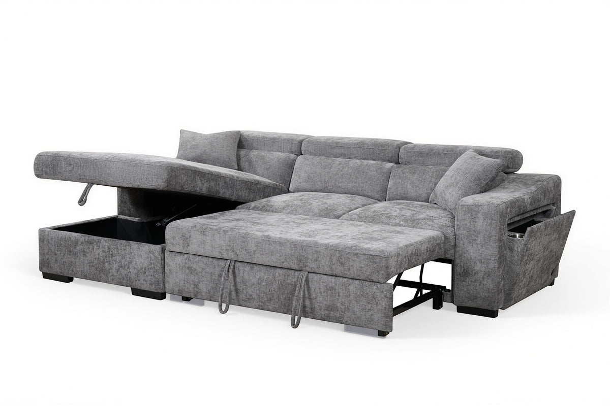 Dark Grey Chenille Fabric 1C2 Corner Sofabed with Storage ARTHUR