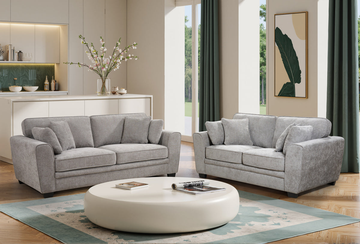 grey 3 seater and 1 seater sofa set with extra comfortable soft filling and additional accent cushions with fixed back upholstered in grey chenille