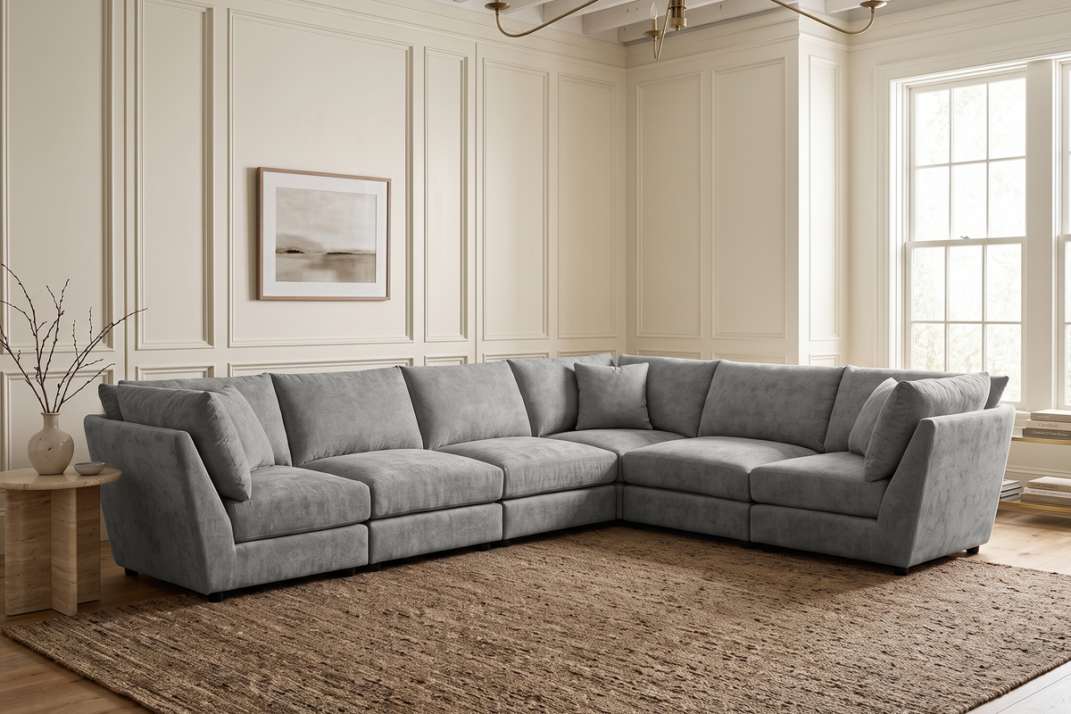 Grey Chenille Fabric 6 Seater Modular Corner Sofa MADDIE