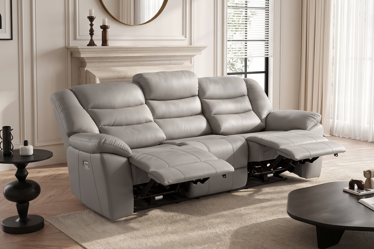 Grey Leather Electric 3 Seater Recliner Sofa GIOVANNI