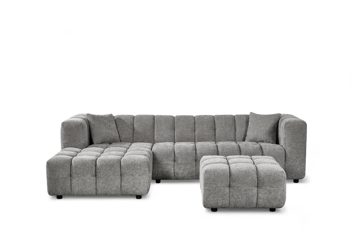 Grey Chenille Fabric Left Hand Facing Corner Sofa with Ottoman LUGANO