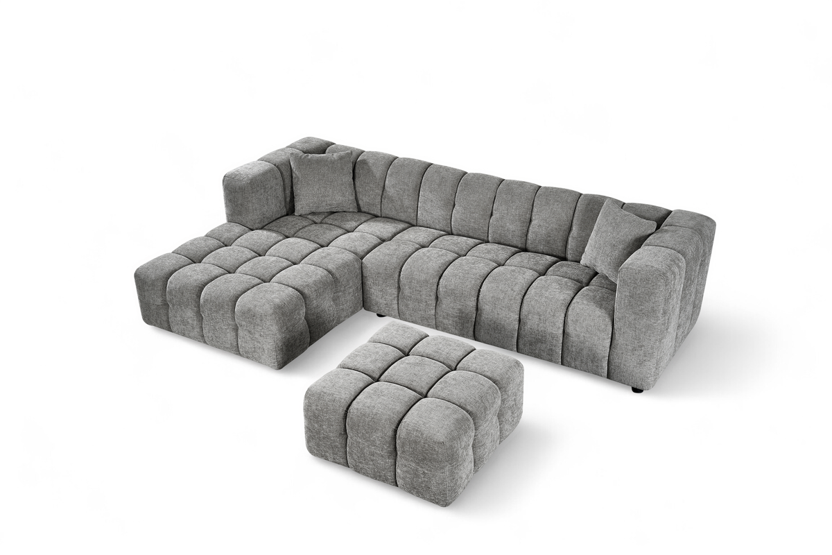 Grey Chenille Fabric Left Hand Facing Corner Sofa with Ottoman LUGANO