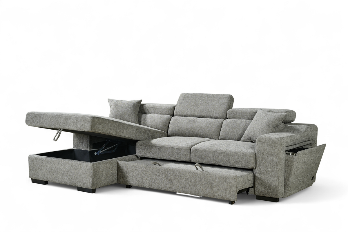 Grey Chenille Fabric 1C2 Corner Sofabed with Storage ARTHUR