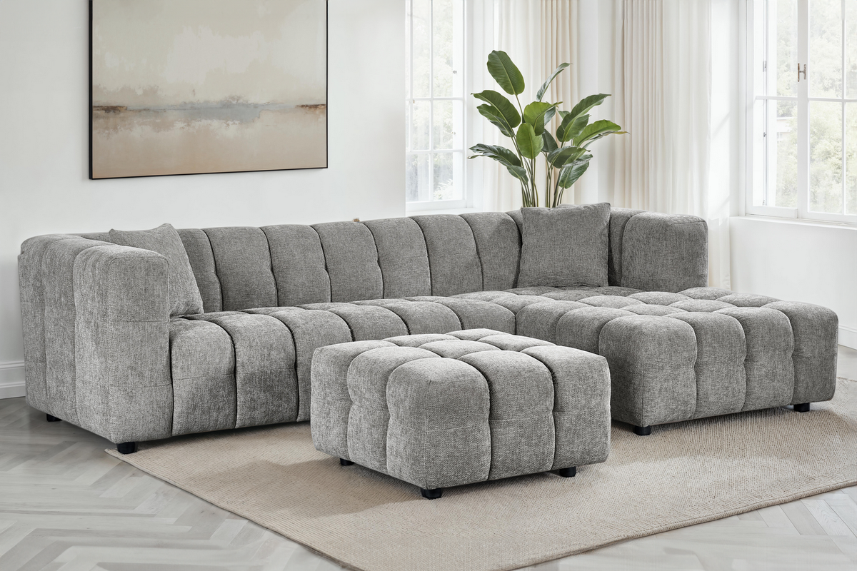 Grey Chenille Fabric Right Hand Facing Corner Sofa with Ottoman LUGANO