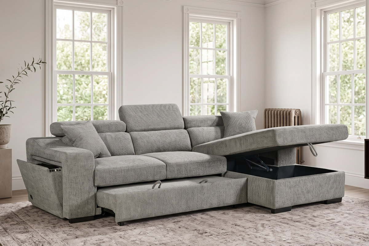 Grey Chenille Fabric 2C1 Corner Sofabed with Storage ARTHUR