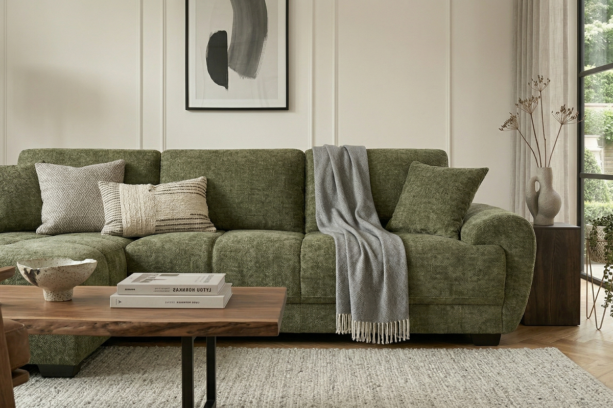 Beige Chenille Fabric 1C2 Corner Sofa with Chaise JACK